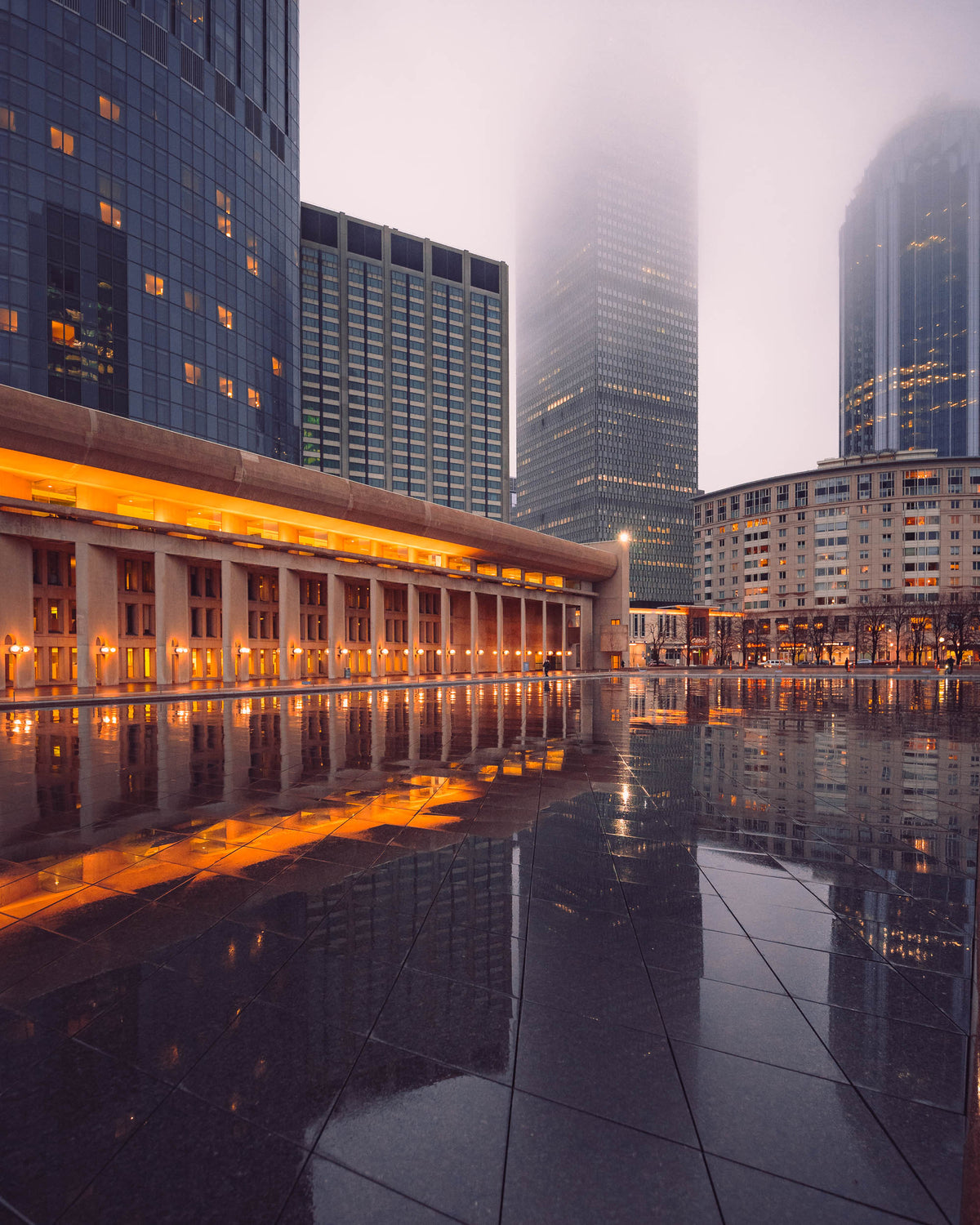 REFLECTION POOL AT THE CHRISTIAN SCIENCE PLAZA IN FOG