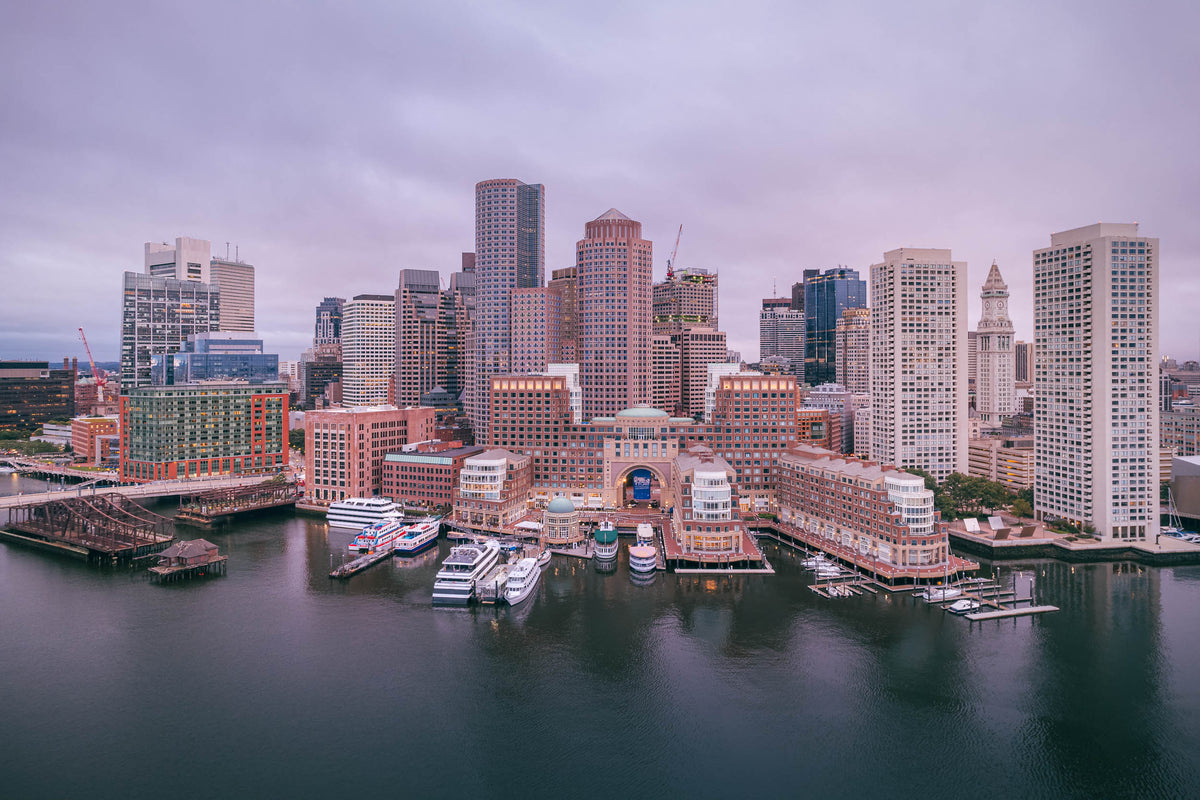 BOSTON HARBOR IN OVERCAST AUGUST MORNING